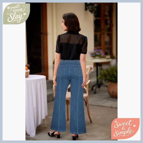 High Waisted Wide Leg Jeans Stretchy Demin Pants Button Decorated Pockets - Picture 3 of 7